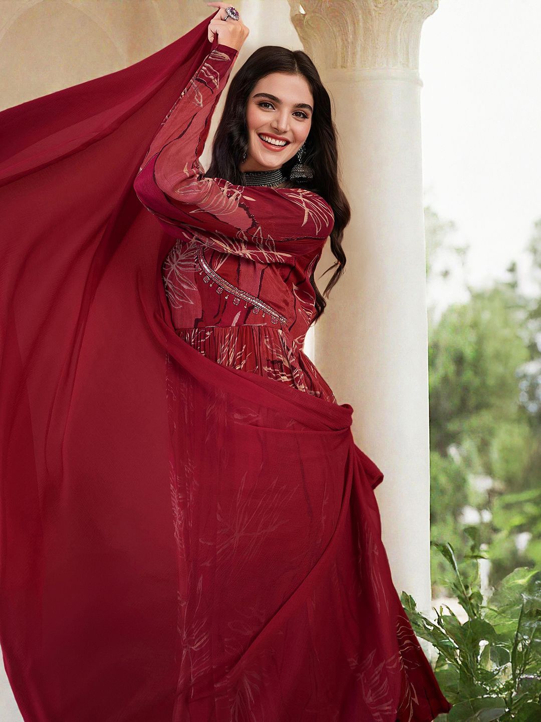 

Ishin Floral Printed V-Neck Angrakha Kurta With Trousers & Dupatta, Red