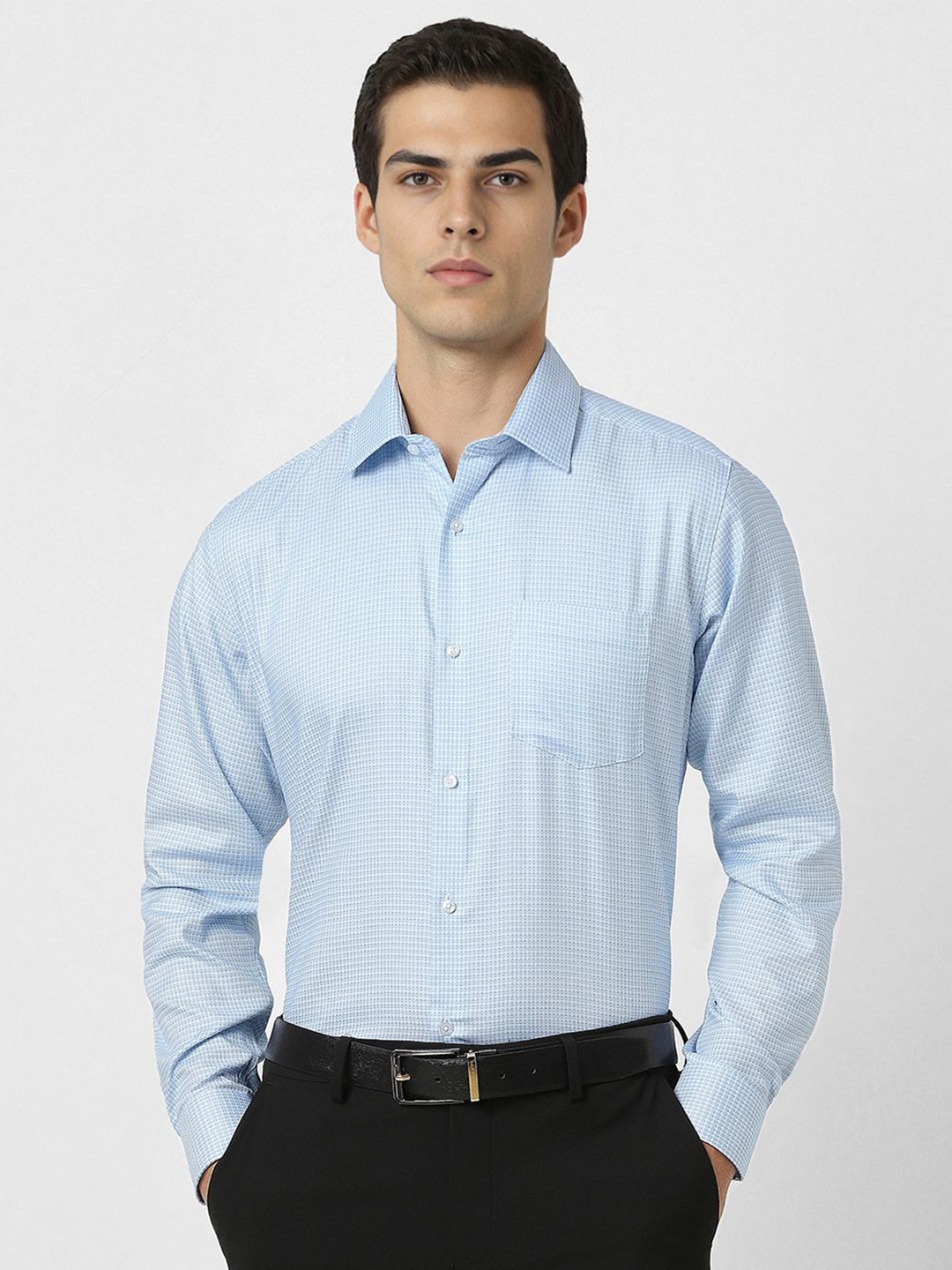 

Van Heusen Men Spread Collar Geometric Printed Cotton Slim Fit Formal Shirt, Blue