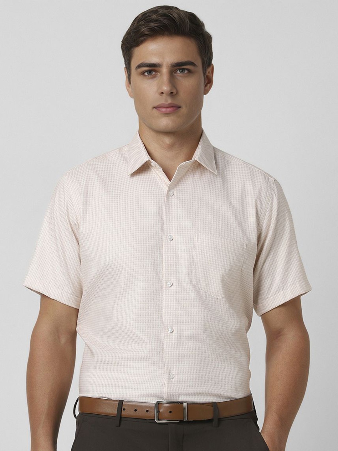 

Van Heusen Men Spread Collar Micro Checked Slim Fit Cotton Formal Shirt, Beige