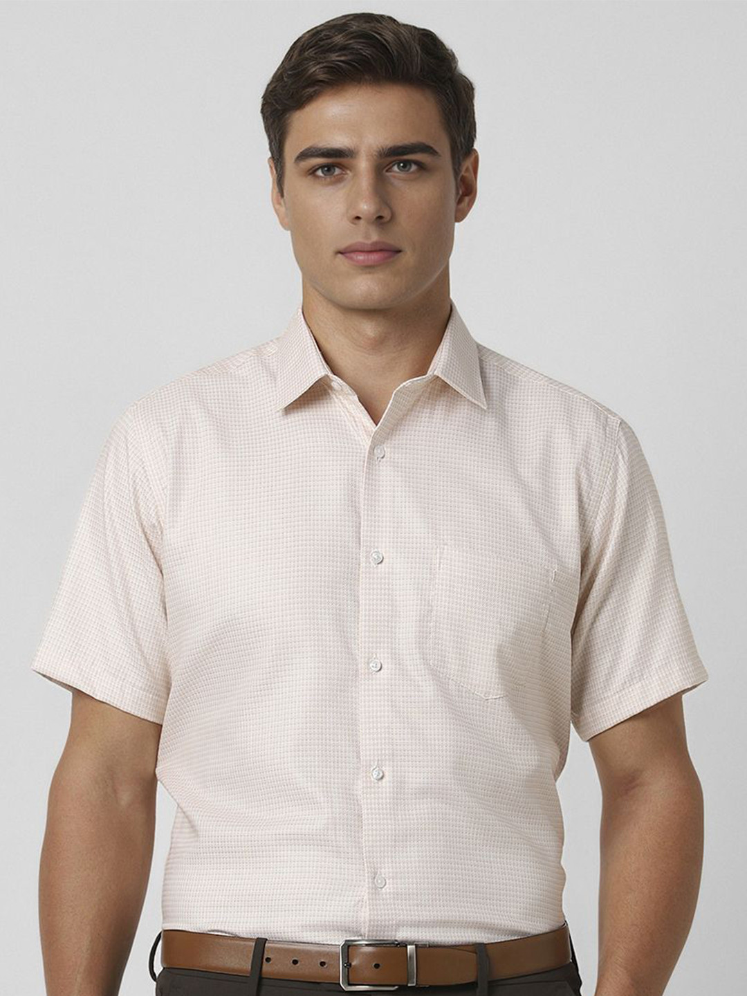 

Van Heusen Men Spread Collar Micro Checked Cotton Formal Shirt, Beige
