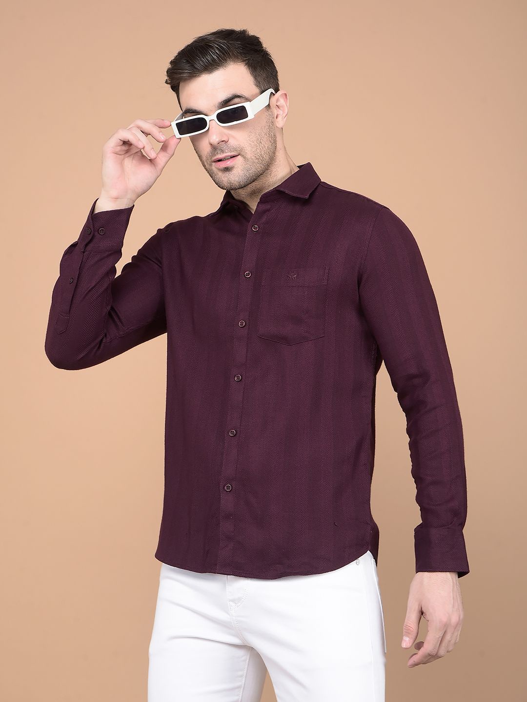

Crimsoune Club Men Classic Spread Collar Textured Cotton Casual Shirt, Purple