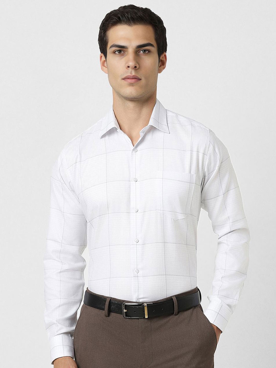 

Van Heusen Men Spread Collar Windowpane Checked Cotton Formal Shirt, White