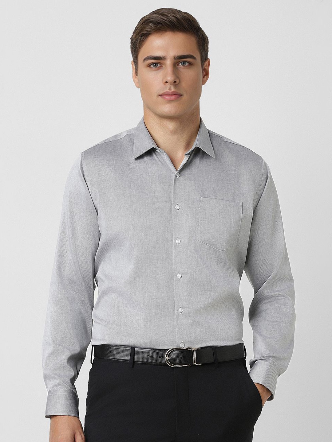 

Van Heusen Men Spread Collar Micro Checked Cotton Formal Shirt, Grey