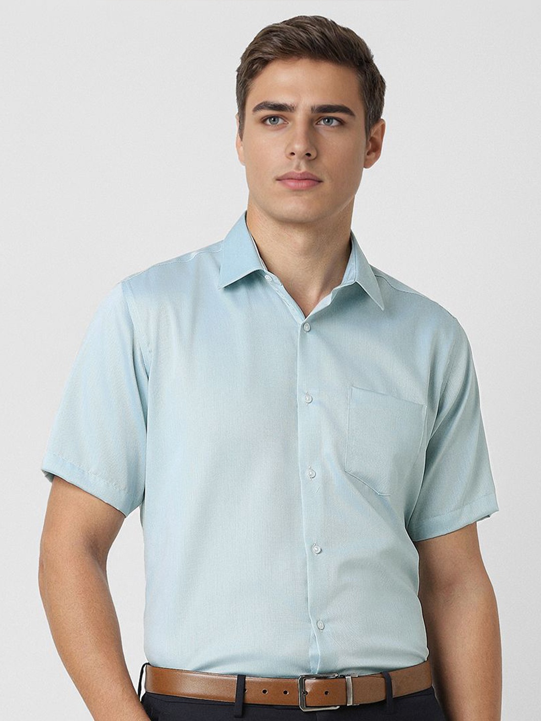 

Van Heusen Men Spread Collar Textured Cotton Slim Fit Formal Shirt, Blue