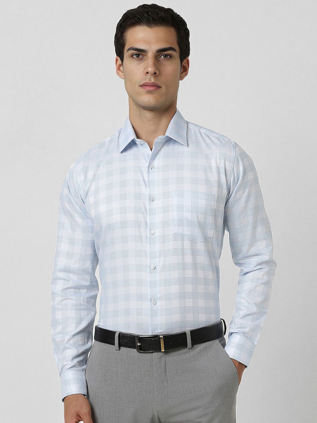 

Van Heusen Men Spread Collar Tartan Checked Cotton Formal Shirt, Blue