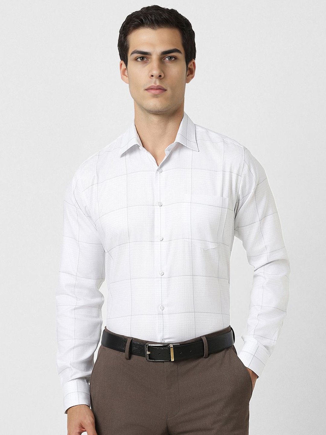 

Van Heusen Men Spread Collar Windowpane Checked Cotton Slim Fit Formal Shirt, White