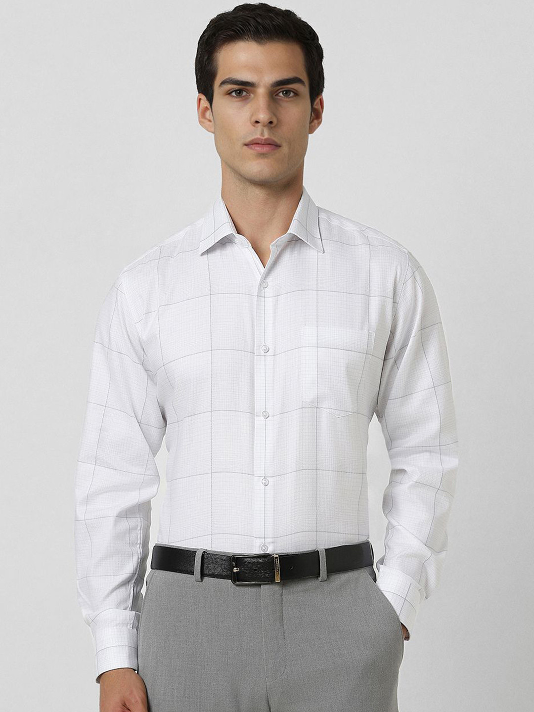 

Van Heusen Men Spread Collar Windowpane Checked Cotton Slim Fit Formal Shirt, White