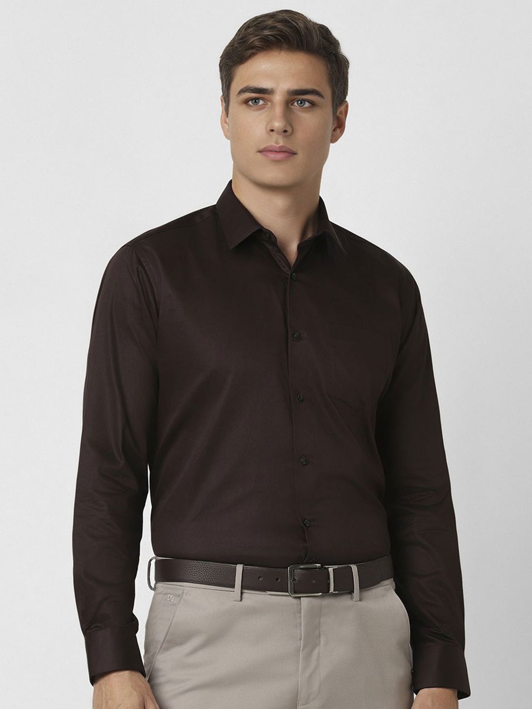 

Van Heusen Men Spread Collar Solid Cotton Slim Fit Formal Shirt, Brown