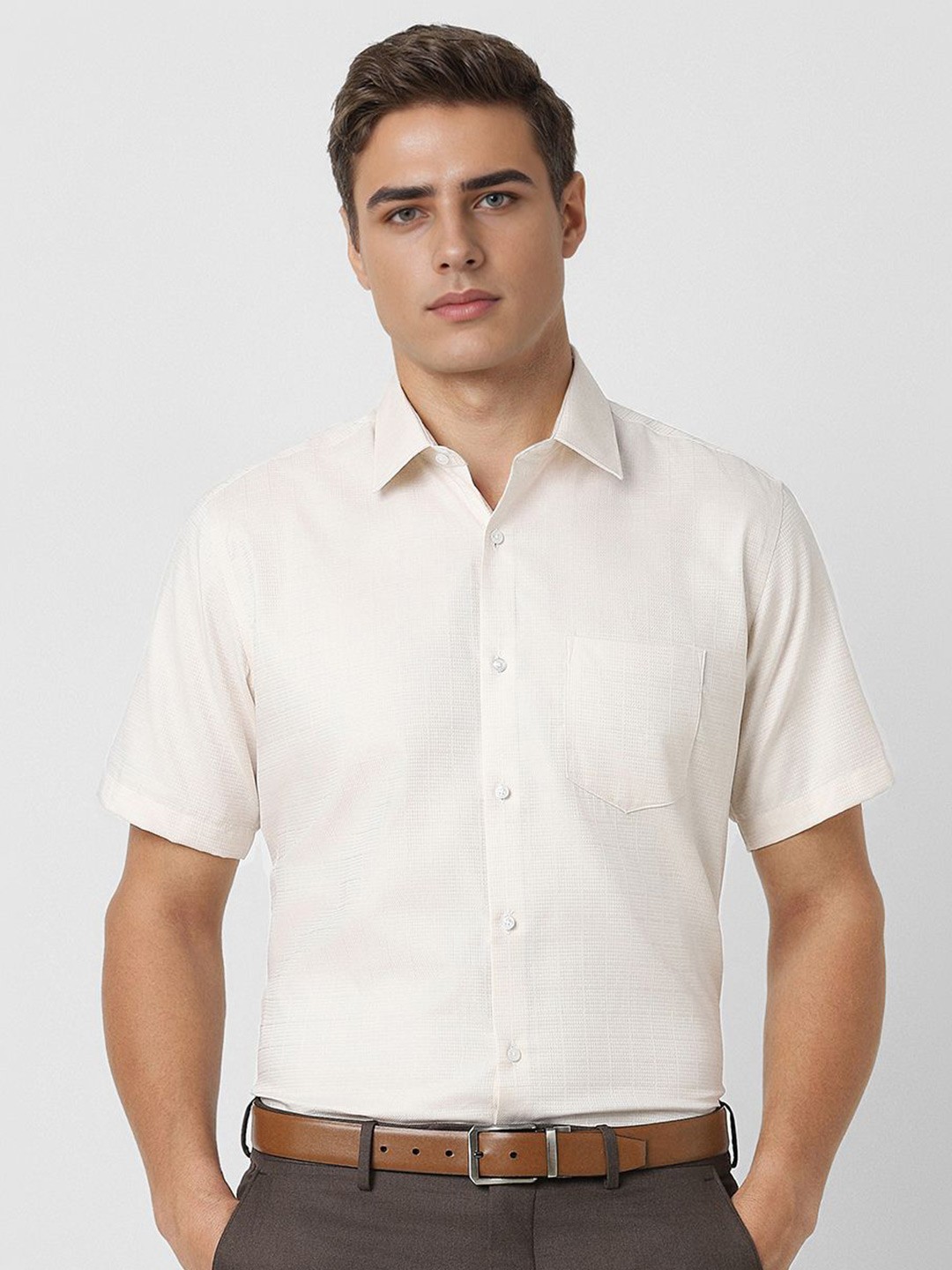 

Van Heusen Men Spread Collar Textured Cotton Slim Fit Formal Shirt, Off white