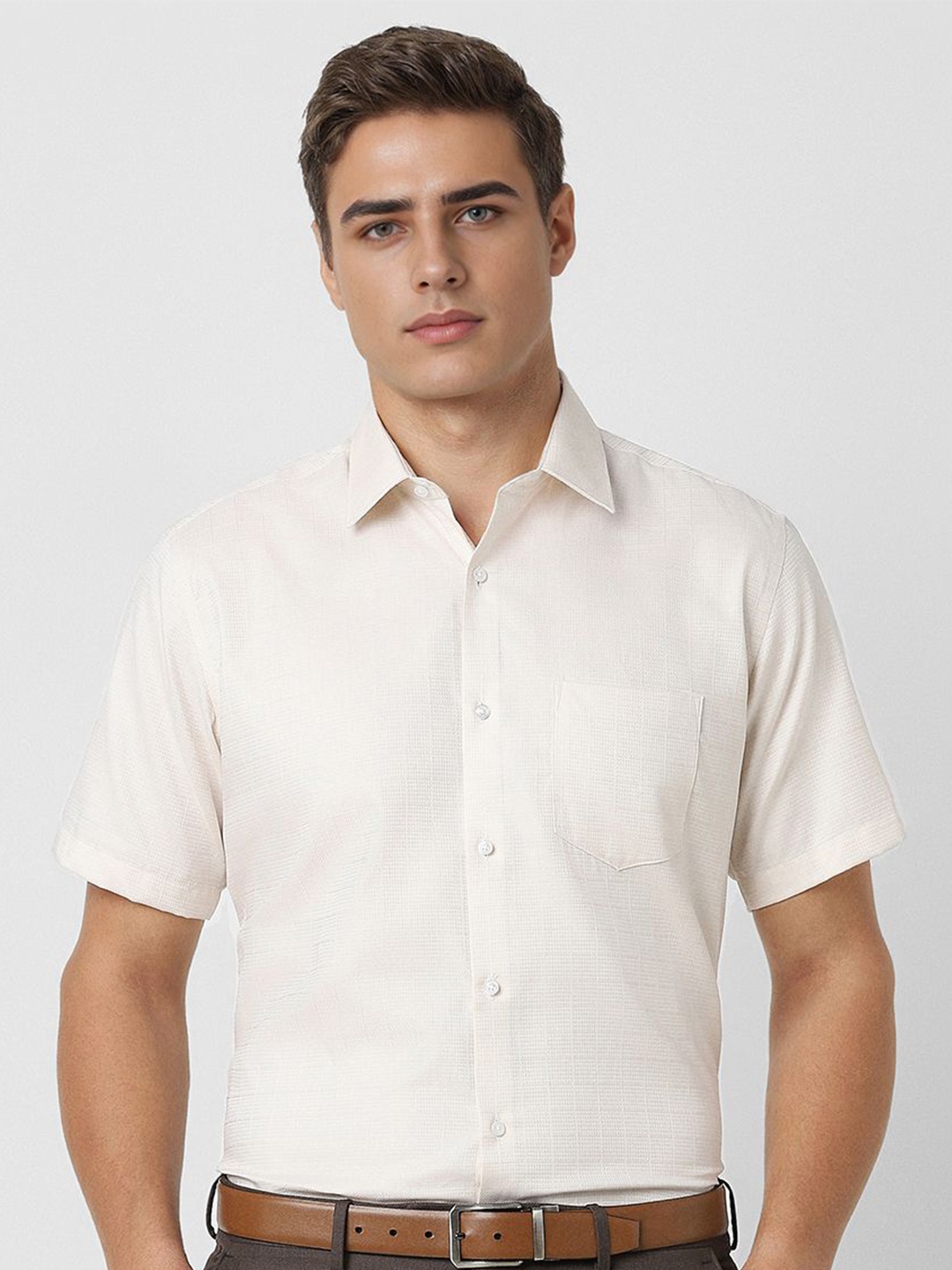 

Van Heusen Men Spread Collar Textured Cotton Slim Fit Formal Shirt, Off white