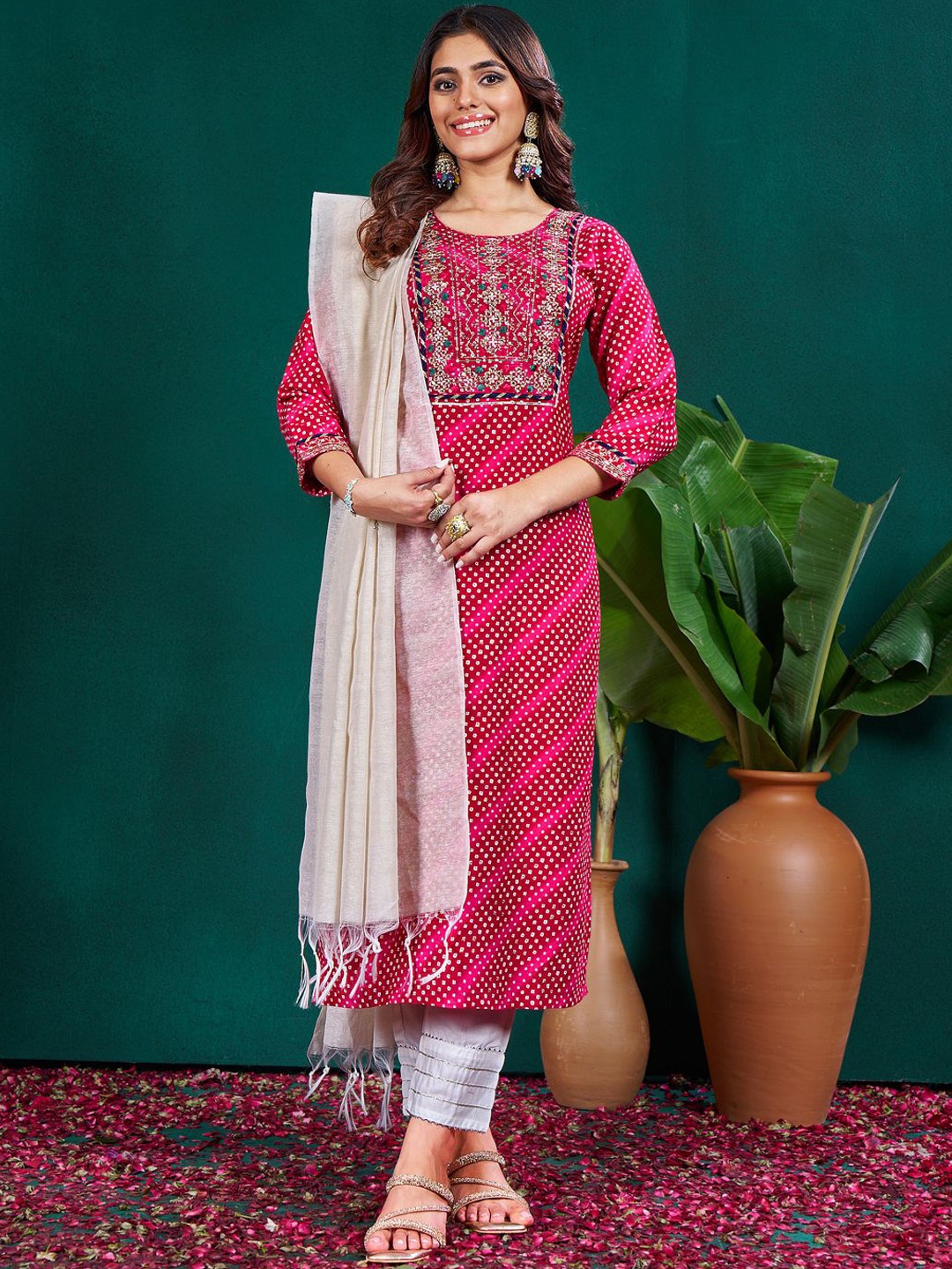 

Anouk Bandhani Printed Sequinned Kurti with Trousers & Dupatta, Magenta