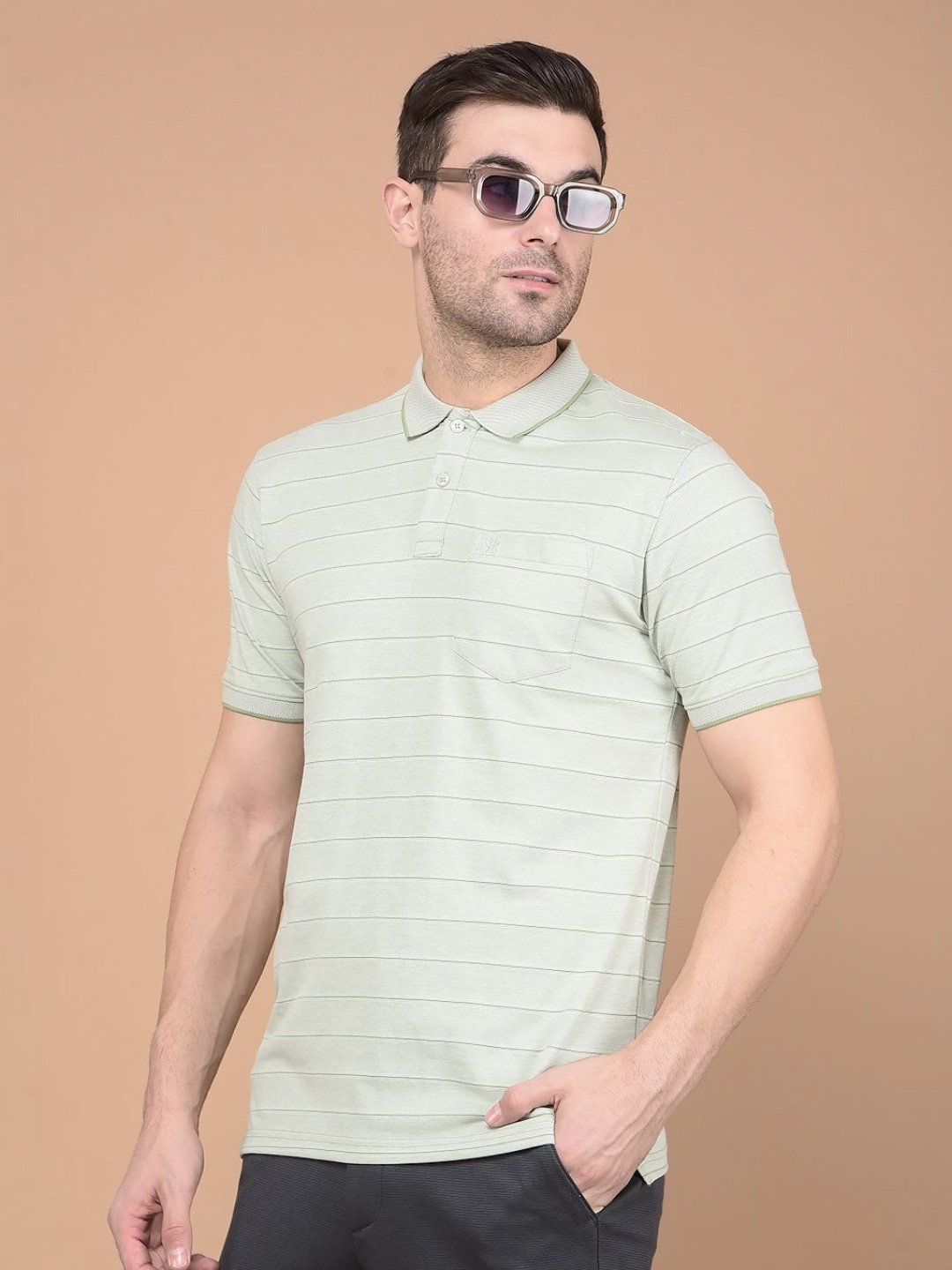 

Crimsoune Club Men Striped Polo Collar Cotton Slim Fit T-shirt, Green