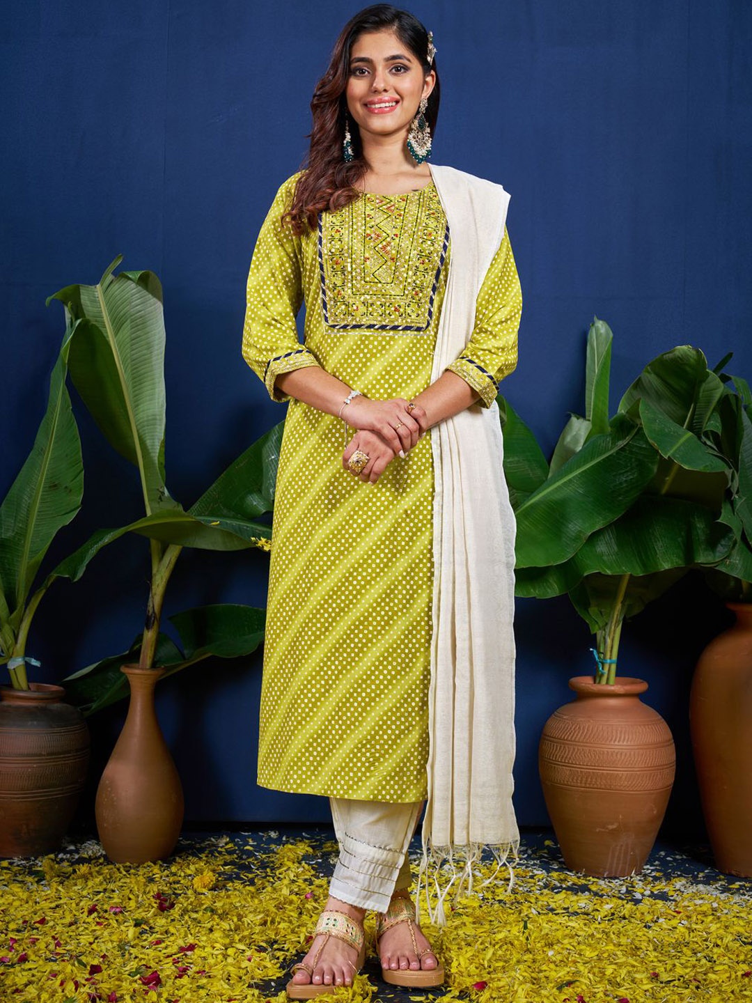 

Anouk Lime Green Bandhani Printed Sequinned Straight Kurta With Trousers & Dupatta