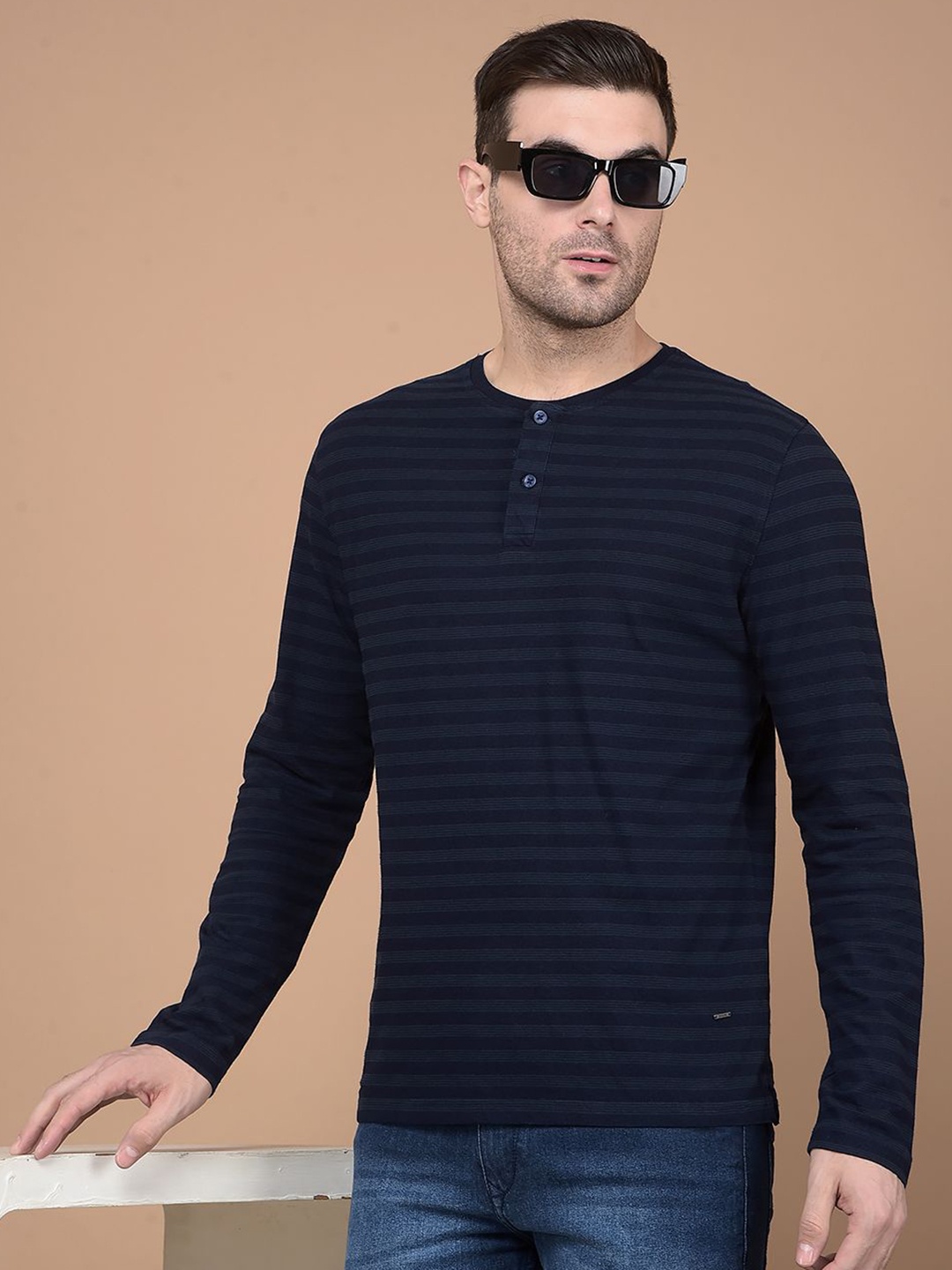 

Crimsoune Club Men Striped Henley Neck Cotton T-shirt, Navy blue