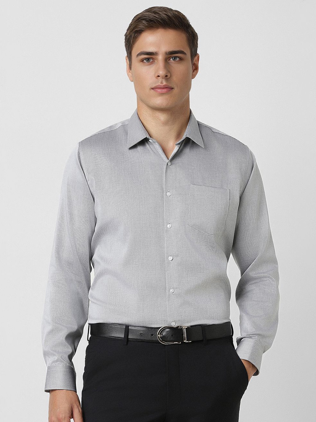 

Van Heusen Men Spread Collar Textured Cotton Slim Fit Formal Shirt, Grey