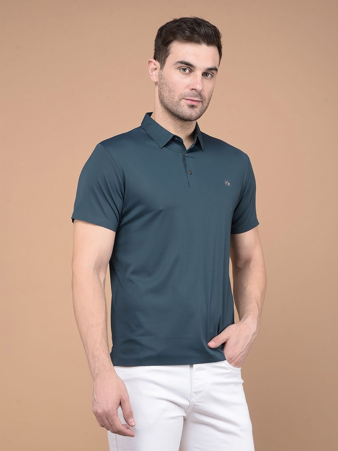 

Crimsoune Club Men Solid Polo Collar Cotton Slim Fit T-shirt, Teal