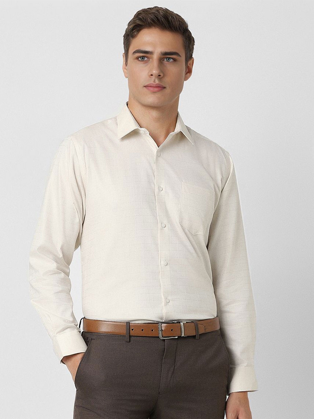 

Van Heusen Men Spread Collar Textured Cotton Formal Shirt, Cream