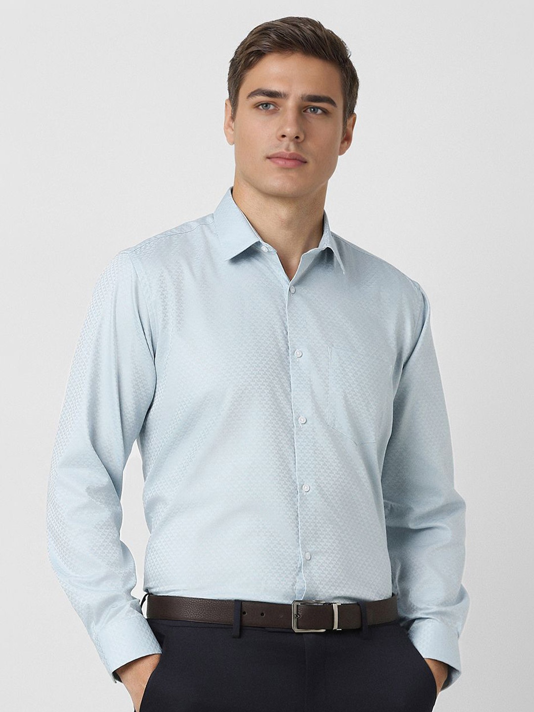 

Van Heusen Men Spread Collar Abstract Printed Cotton Slim Fit Formal Shirt, Blue