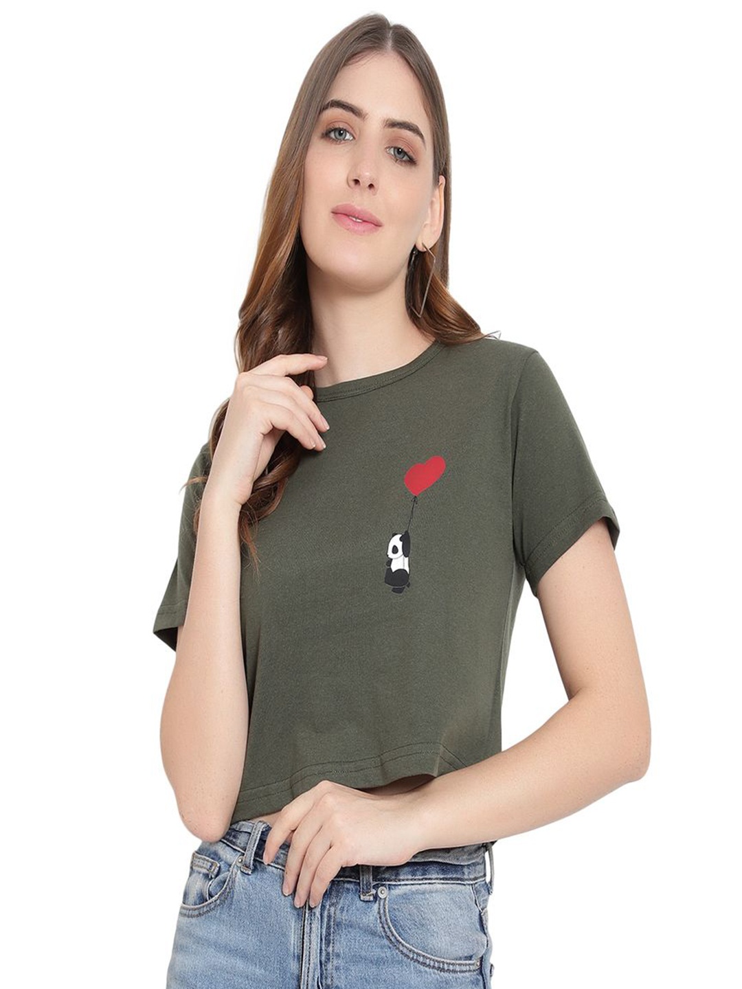 

DEEPMAYRA COLLECTION Women Graphic Printed Round Neck Cotton T-shirt, Olive