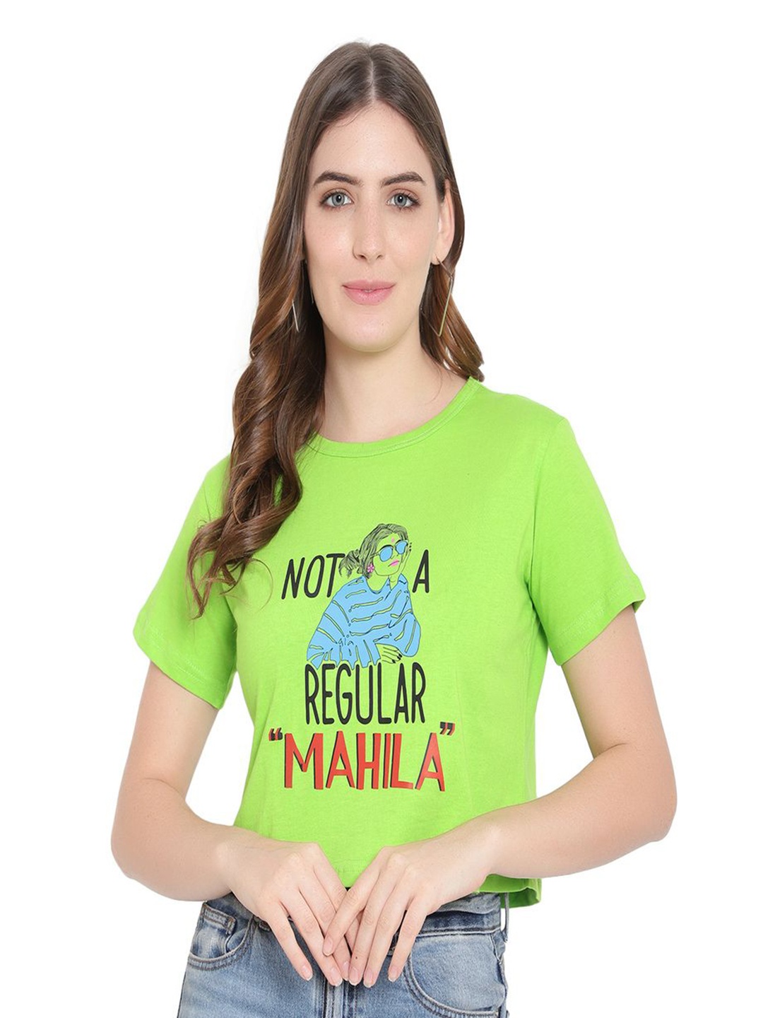 DEEPMAYRA COLLECTION Women Typography Printed Round Neck Cotton T-shirt, Green