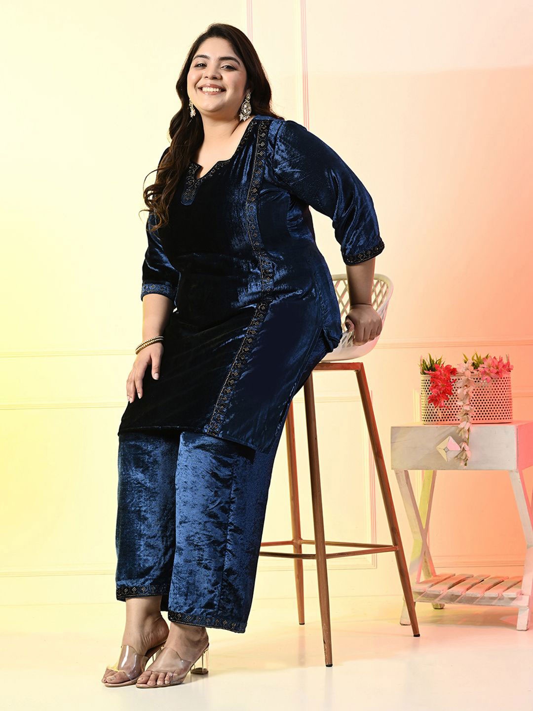 

PrettyPlus by Desinoor.com Plus Size Teal Blue Velvet Siroski Co-ord Set