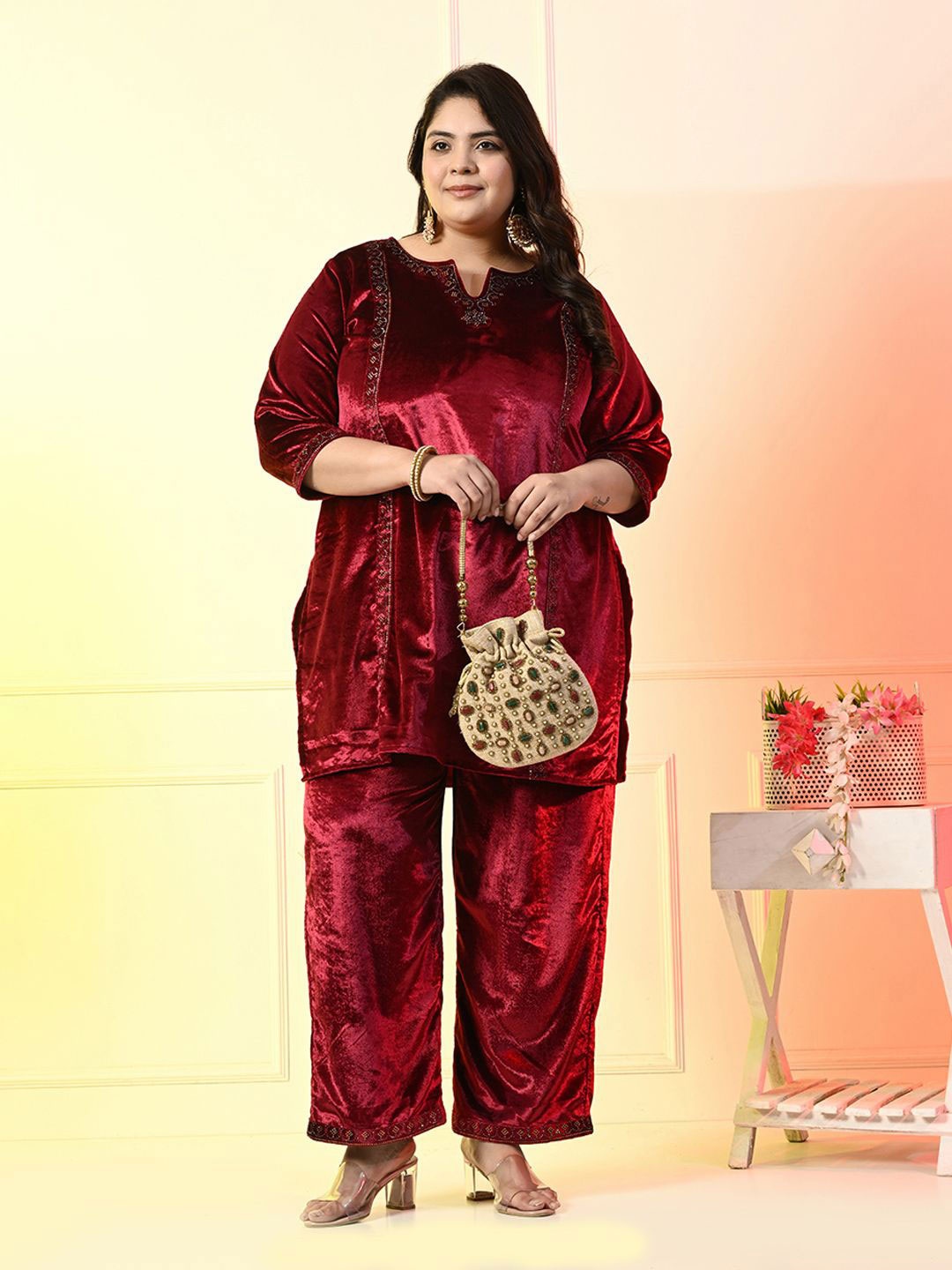 

PrettyPlus by Desinoor.com Plus Size Fuschia Pink Velvet Siroski Co-ord Set
