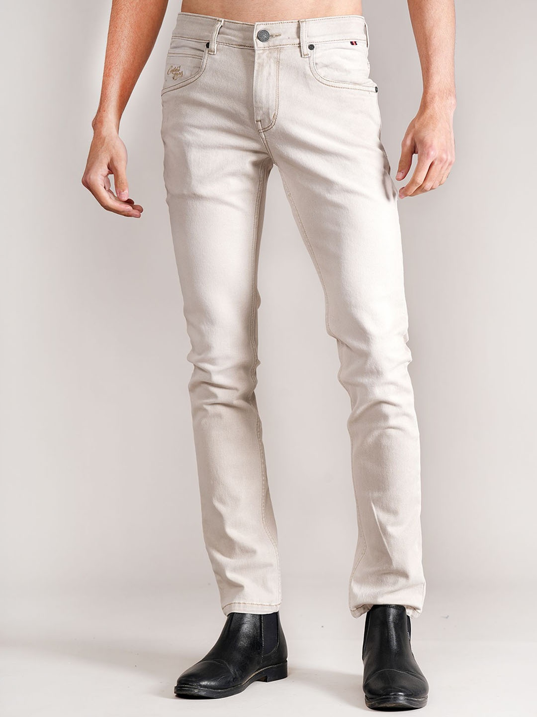 

Cantabil Men Women Mid-Rise Light Fade Stretchable Jeans, Beige