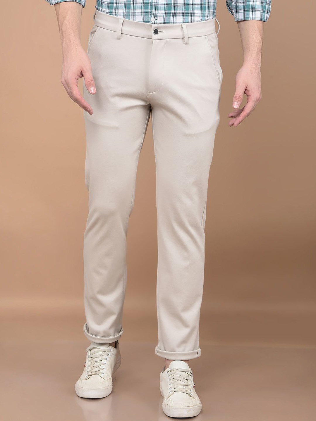 

Crimsoune Club Men Printed Smart Slim Fit Cotton Chinos Trousers, Beige