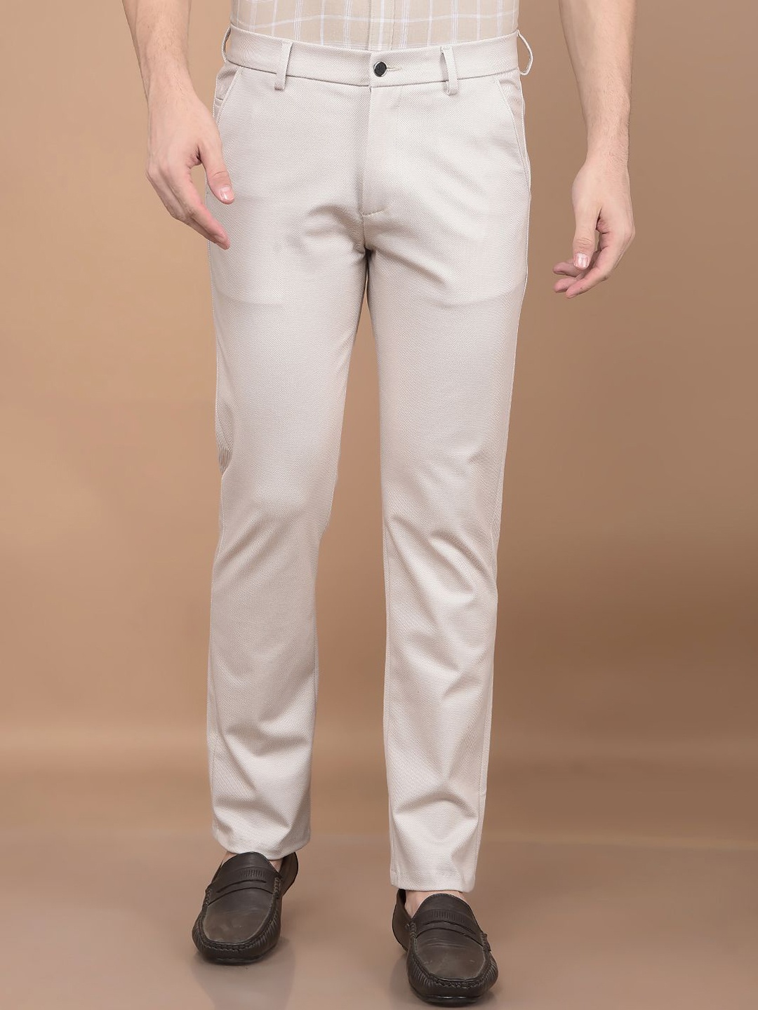 

Crimsoune Club Men Printed Smart Slim Fit Chinos Trousers, Beige