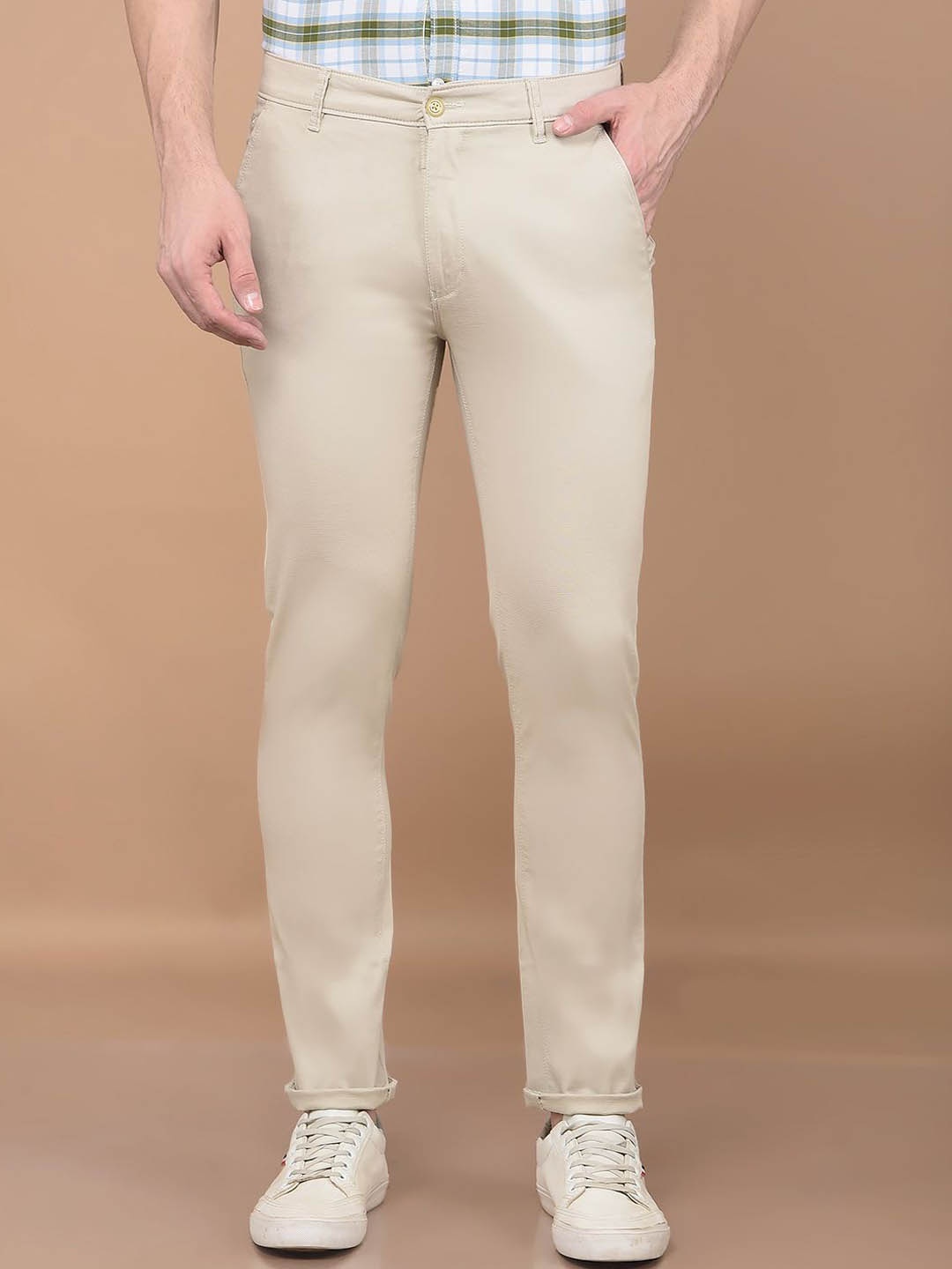 

Crimsoune Club Men Smart Slim Fit Cotton Chinos Trousers, Beige