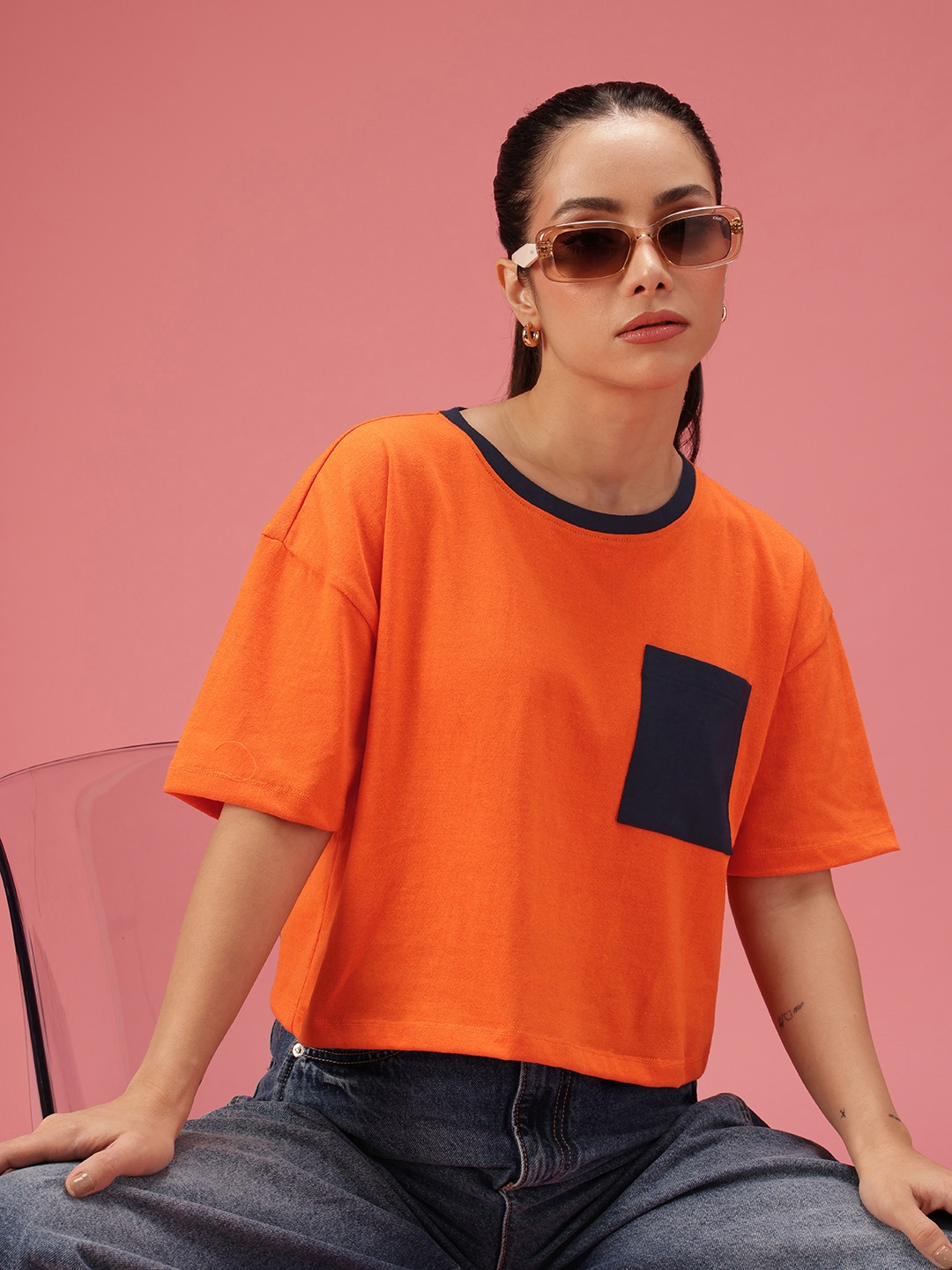 

DressBerry Drop-Shoulder Sleeves Boxy T-shirt, Orange
