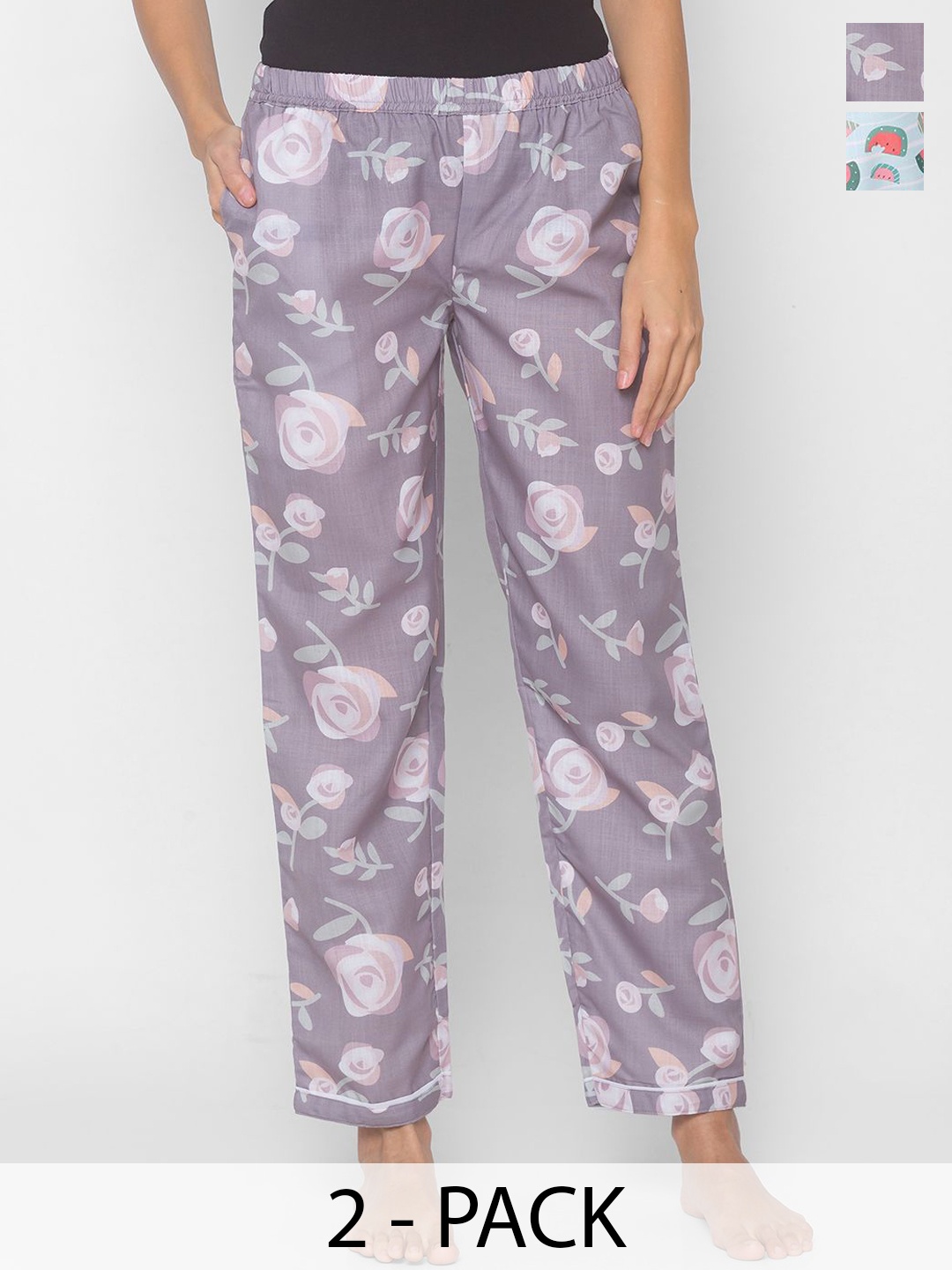 

NOIRA Women Pack Of 2 Floral Printed Straight Lounge Pants, Mauve