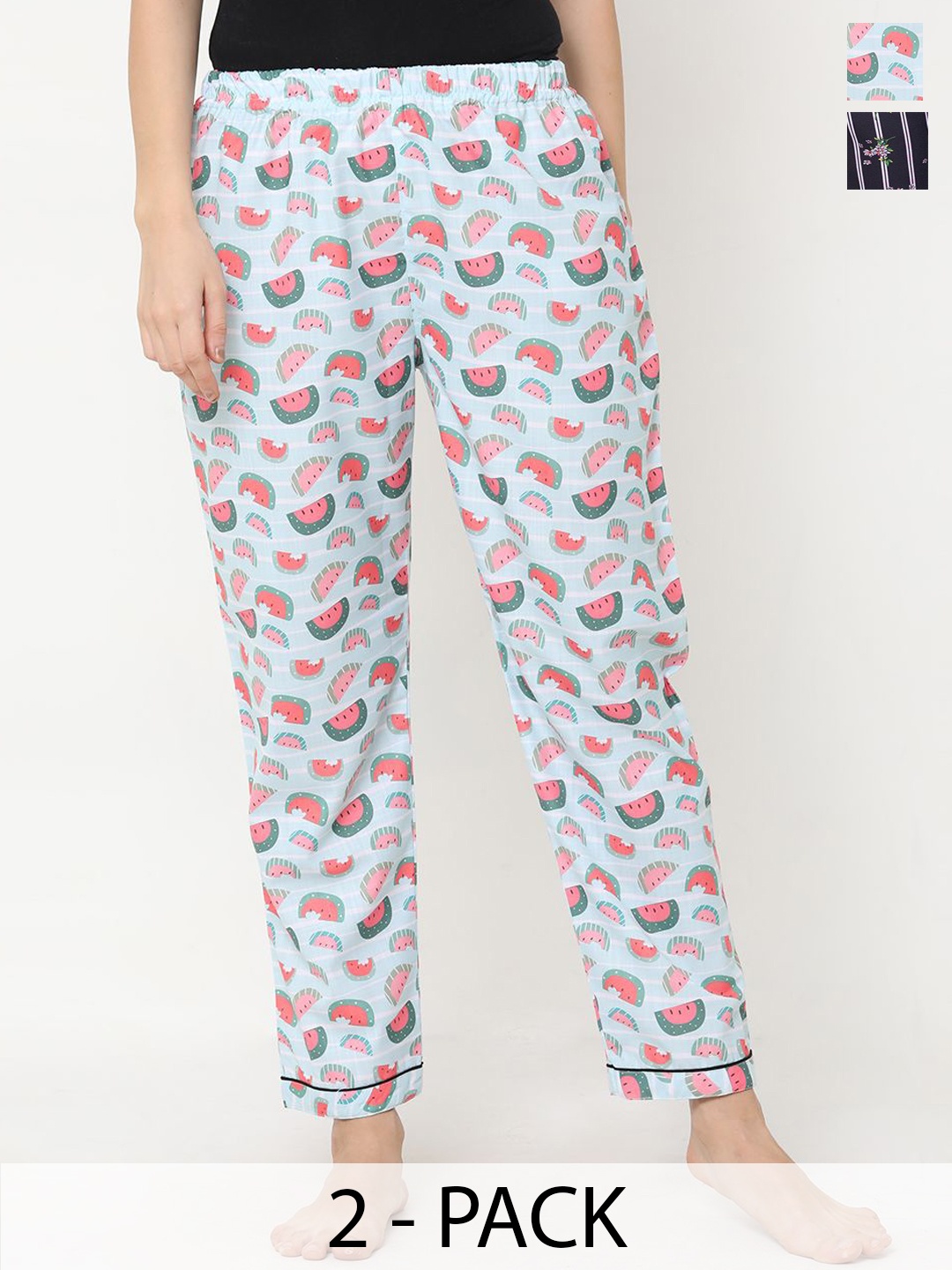 

NOIRA Pack of 2 Printed Mid-Rise Straight Lounge Pants, Blue