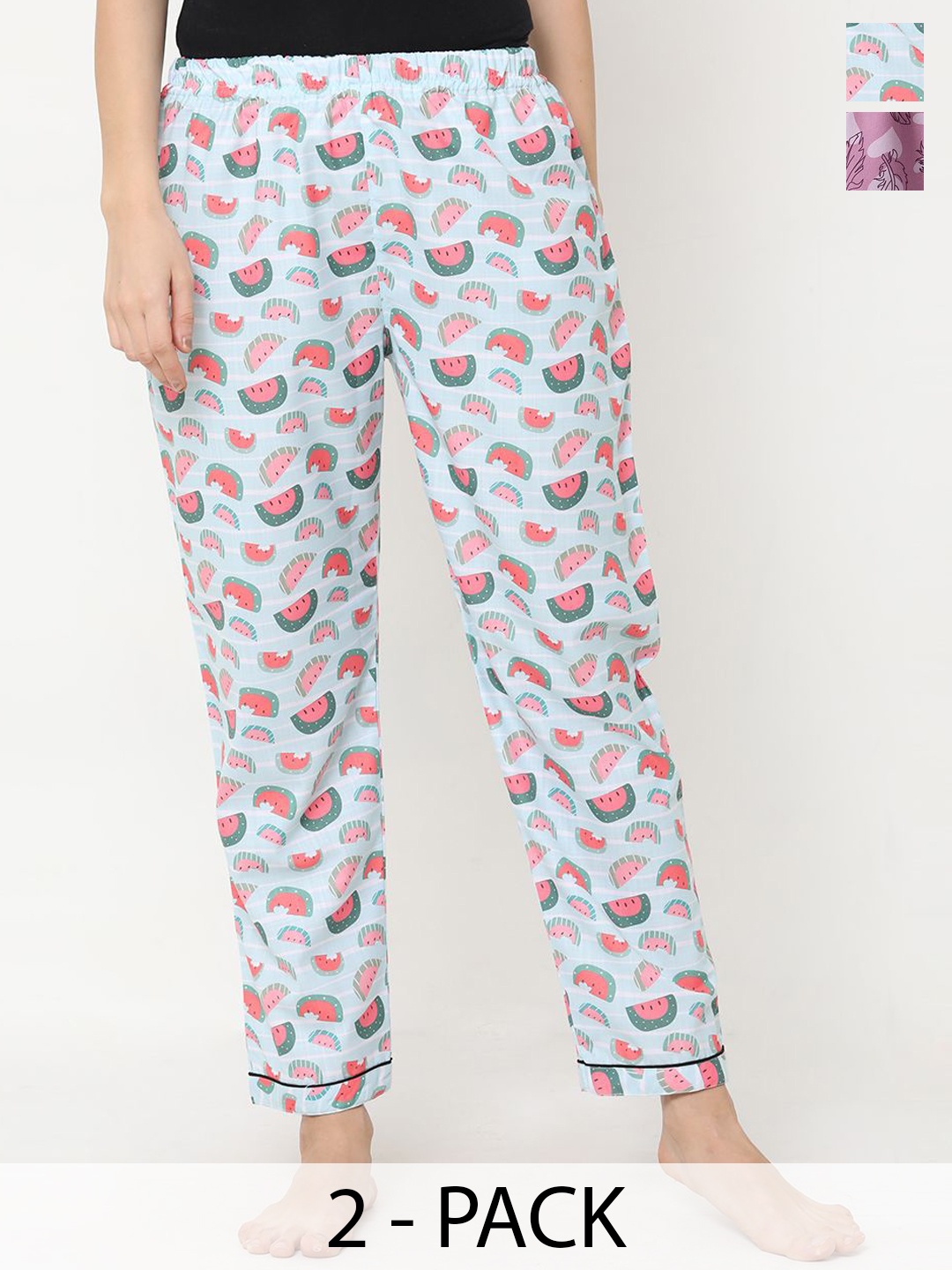 

NOIRA Women Pack of 2 Printed Mid-Rise Straight Lounge Pants, Blue