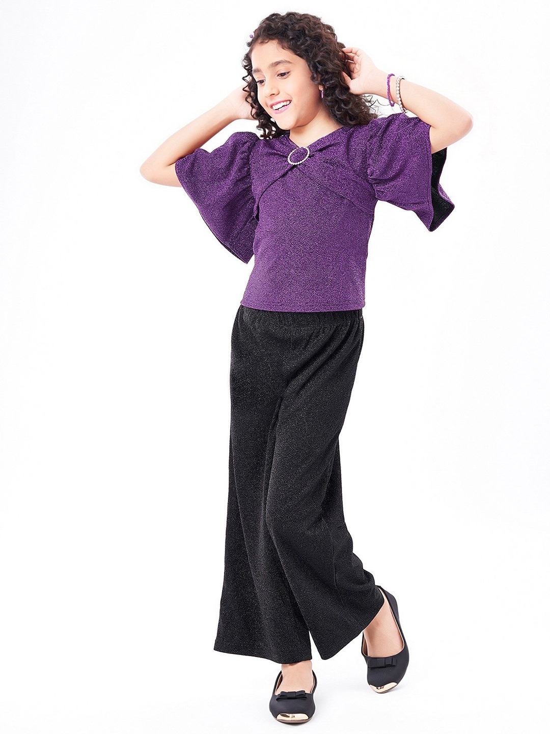

Hola Bonita Girls Embellished V-Neck Short Sleeves Top With Trouser, Purple