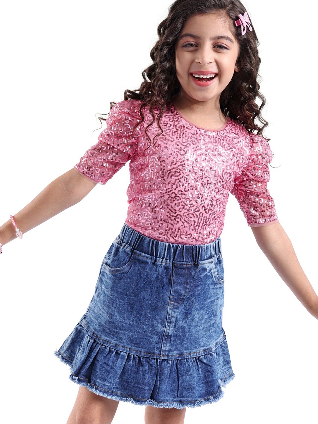 

Hola Bonita Girls Embellished Round Neck Short Sleeves Top With Skirt, Pink
