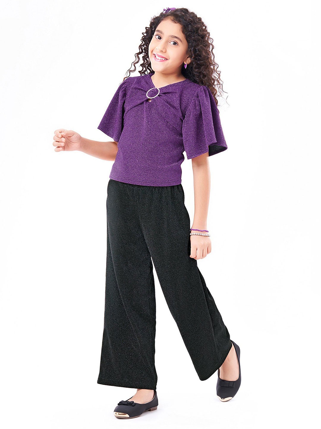 

Hola Bonita Girls Embellished V-Neck Short Sleeves Top With Trouser, Purple