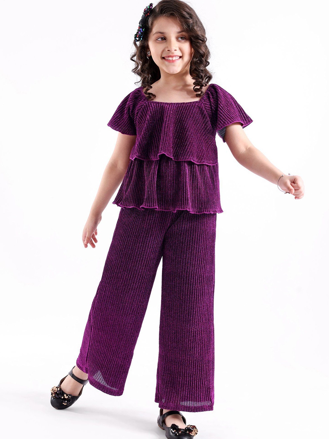 

Hola Bonita Girls Embellished Square Neck Short Sleeves Top With Trouser, Purple