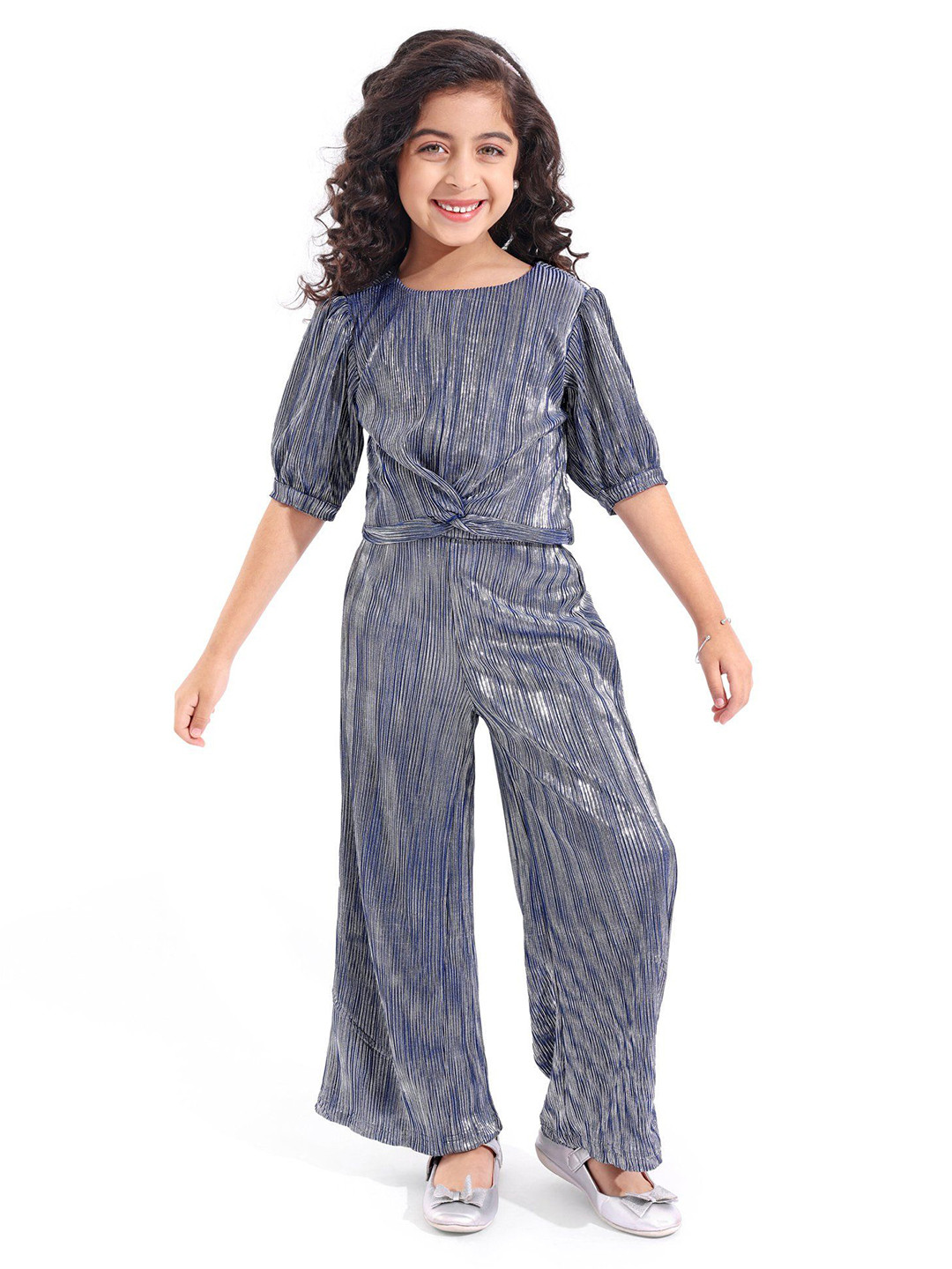 

Hola Bonita Girls Embellished Round Neck Short Sleeves Top With Trouser, Navy blue