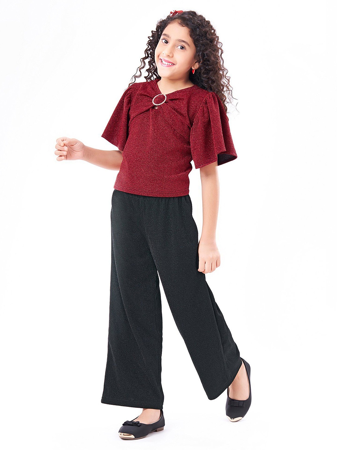 

Hola Bonita Girls Embellished V-Neck Short Sleeves Top With Trouser, Red