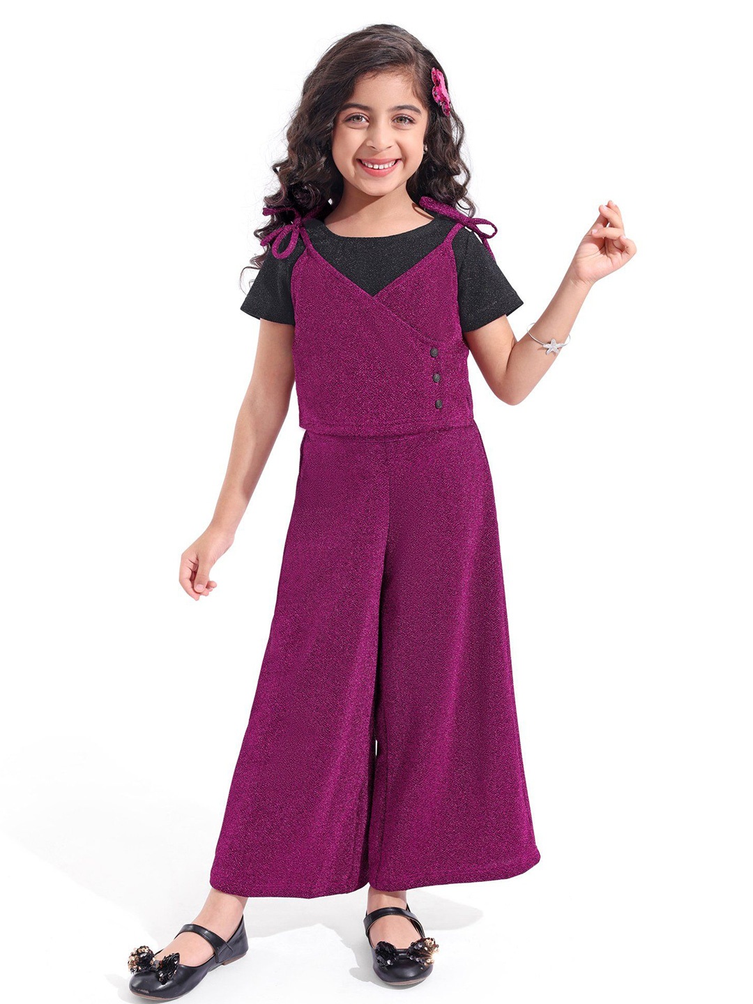 

Hola Bonita Girls Embellished Shoulder Straps Neck Sleeveless Top With Trouser & T-Shirt, Magenta
