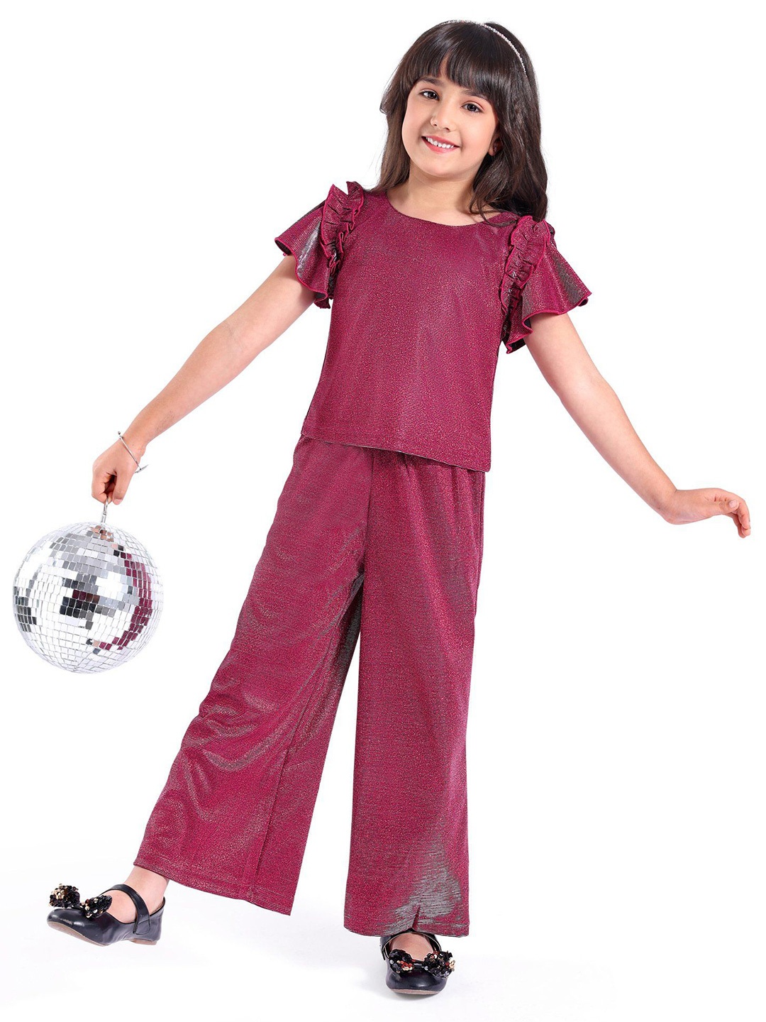 

Hola Bonita Girls Embellished Round Neck Short Sleeves Top With Trouser, Magenta