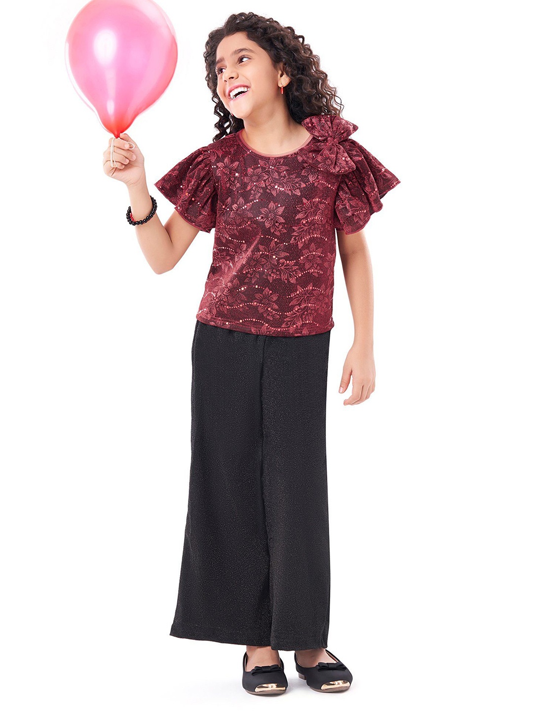 

Hola Bonita Girls Embellished Round Neck Short Sleeves Top With Trouser, Red