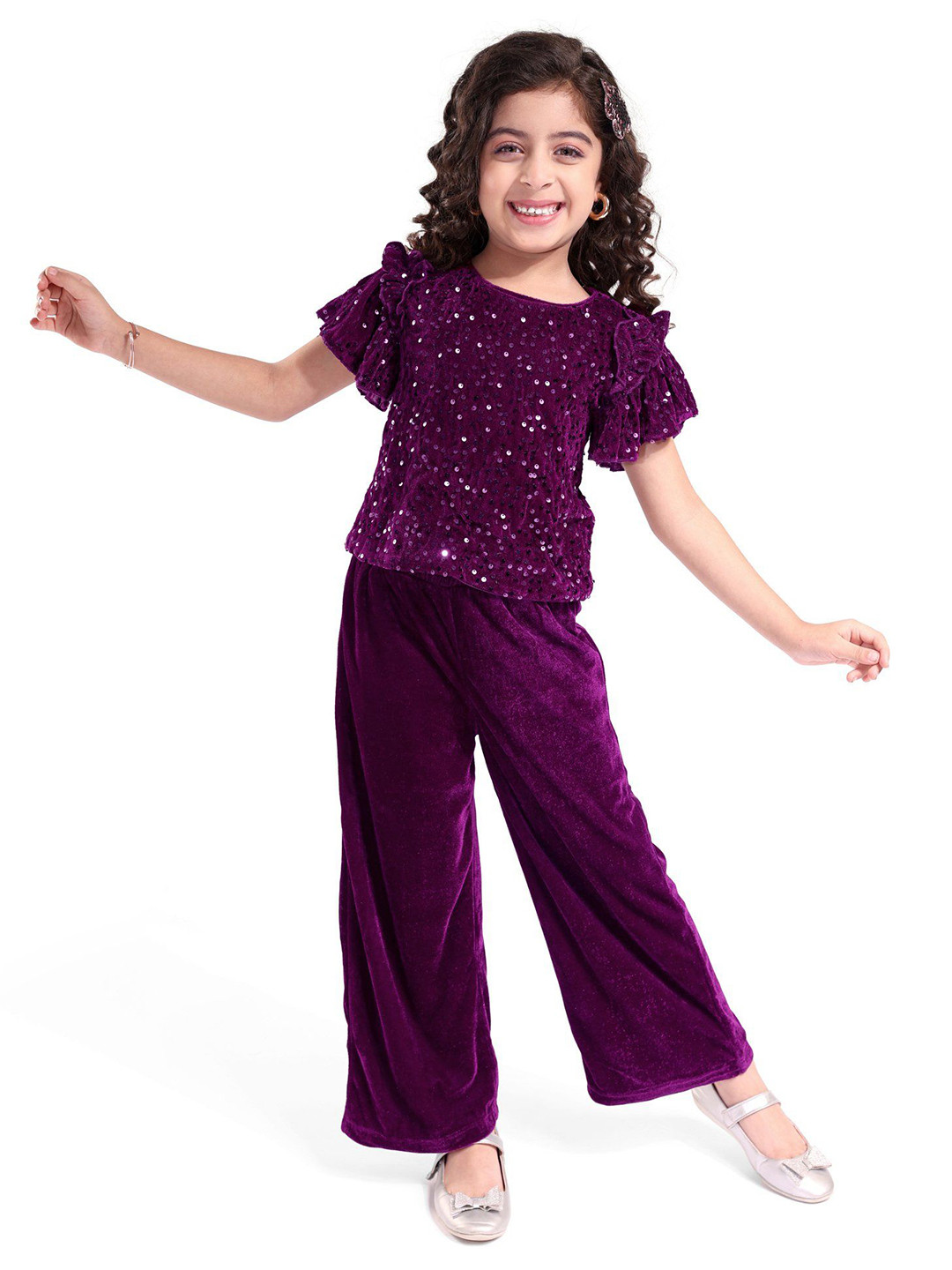 

Hola Bonita Girls Embellished Round Neck Short Sleeves Top With Trouser, Purple