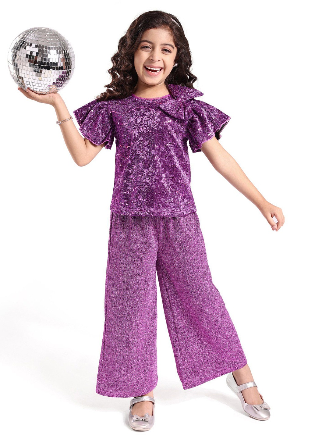 

Hola Bonita Girls Embellished Round Neck Short Sleeves Top With Trouser, Purple