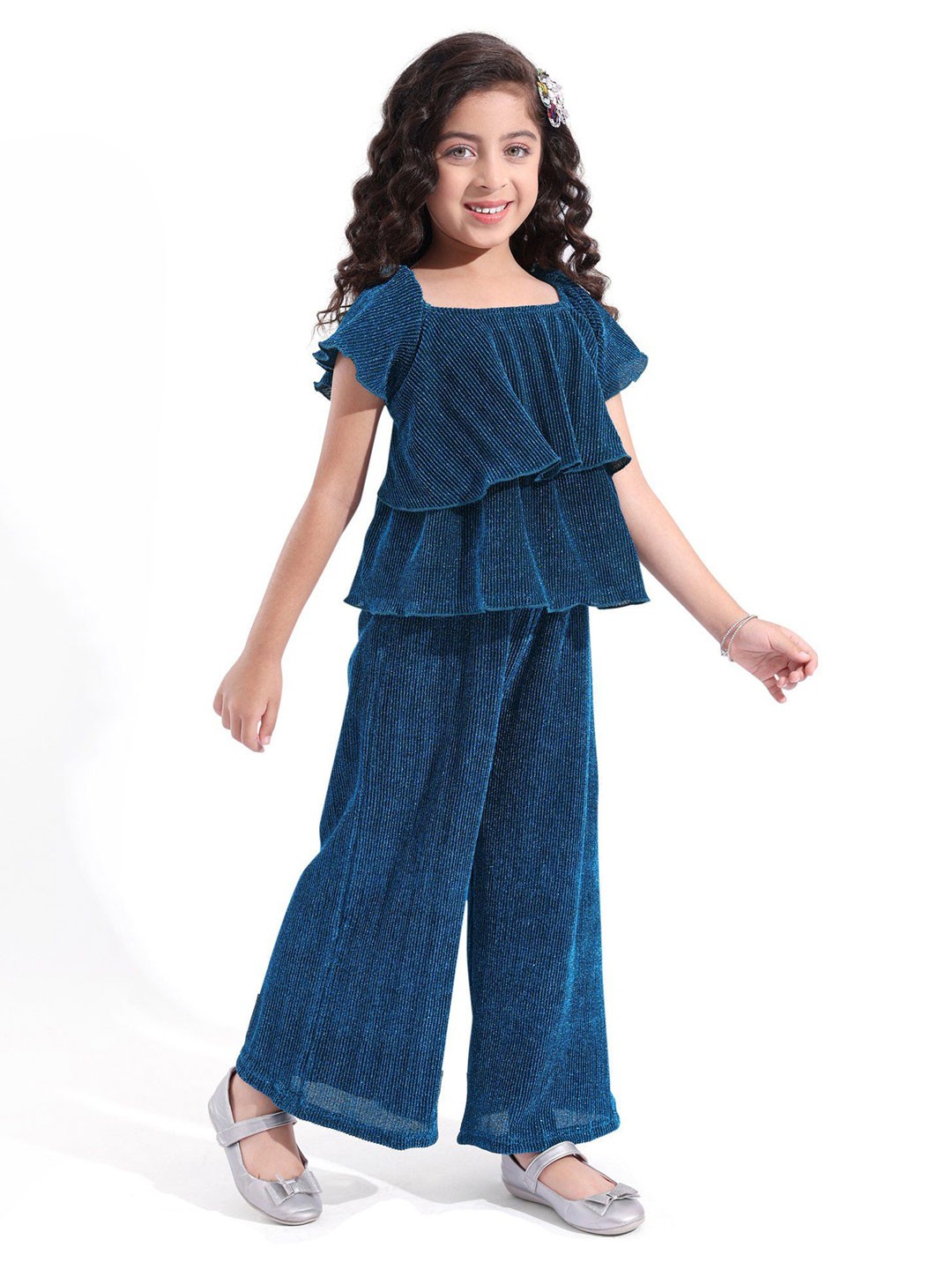 

Hola Bonita Girls Embellished Square Neck Short Sleeves Top With Trouser, Blue