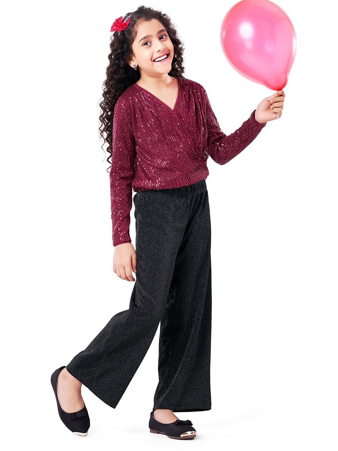 

Hola Bonita Girls Embellished V-Neck Long Sleeves Top With Trouser, Maroon