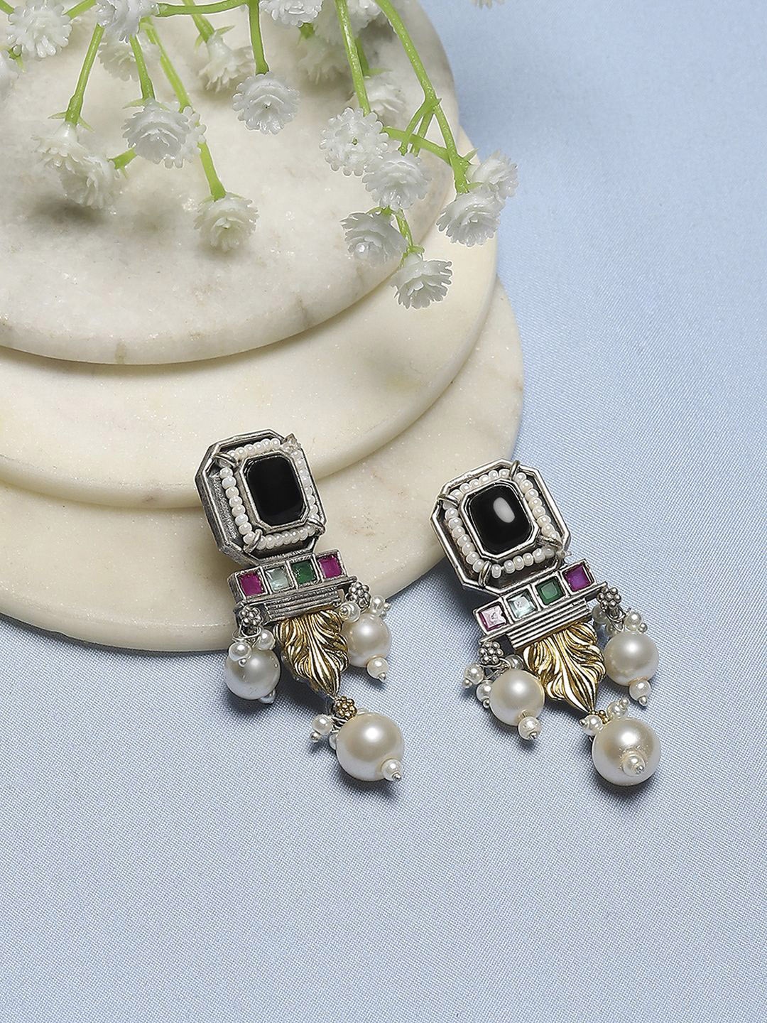 

Biba Silver-Plated Contemporary Stone Studded & Beaded Drop Earrings