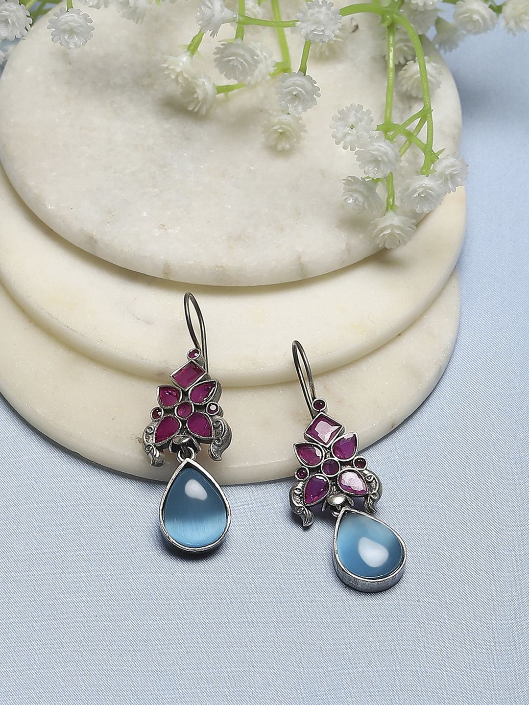 

Biba Silver-Plated Contemporary Stone Studded & Beaded Drop Earrings