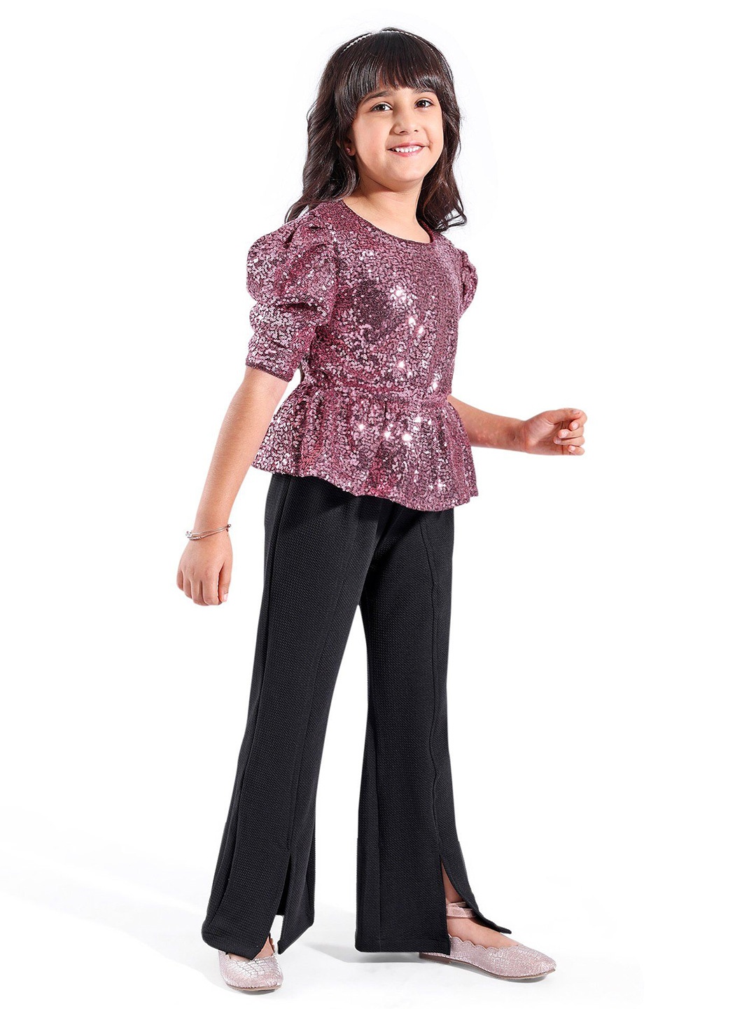

Hola Bonita Girls Embellished Round Neck Short Sleeves Top With Trouser, Pink